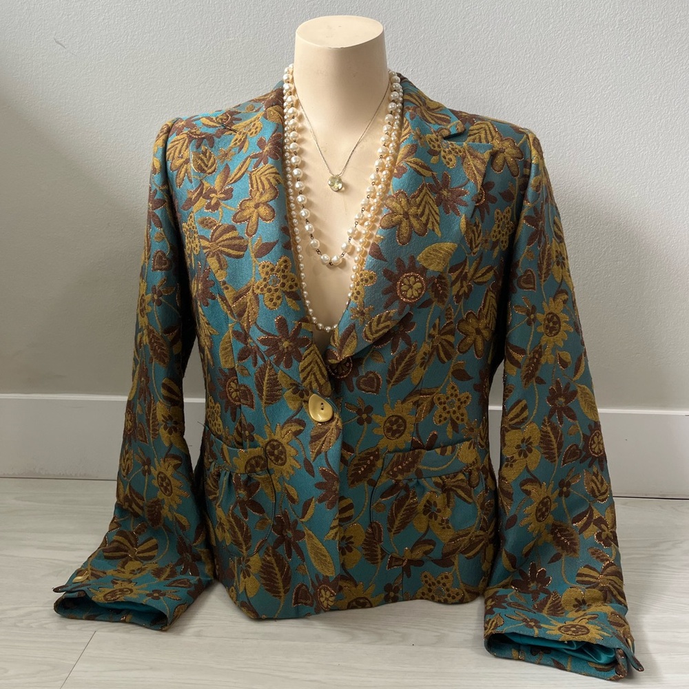 Floral Embroidered Teal Blazer with button closure by Jean Costa made in France